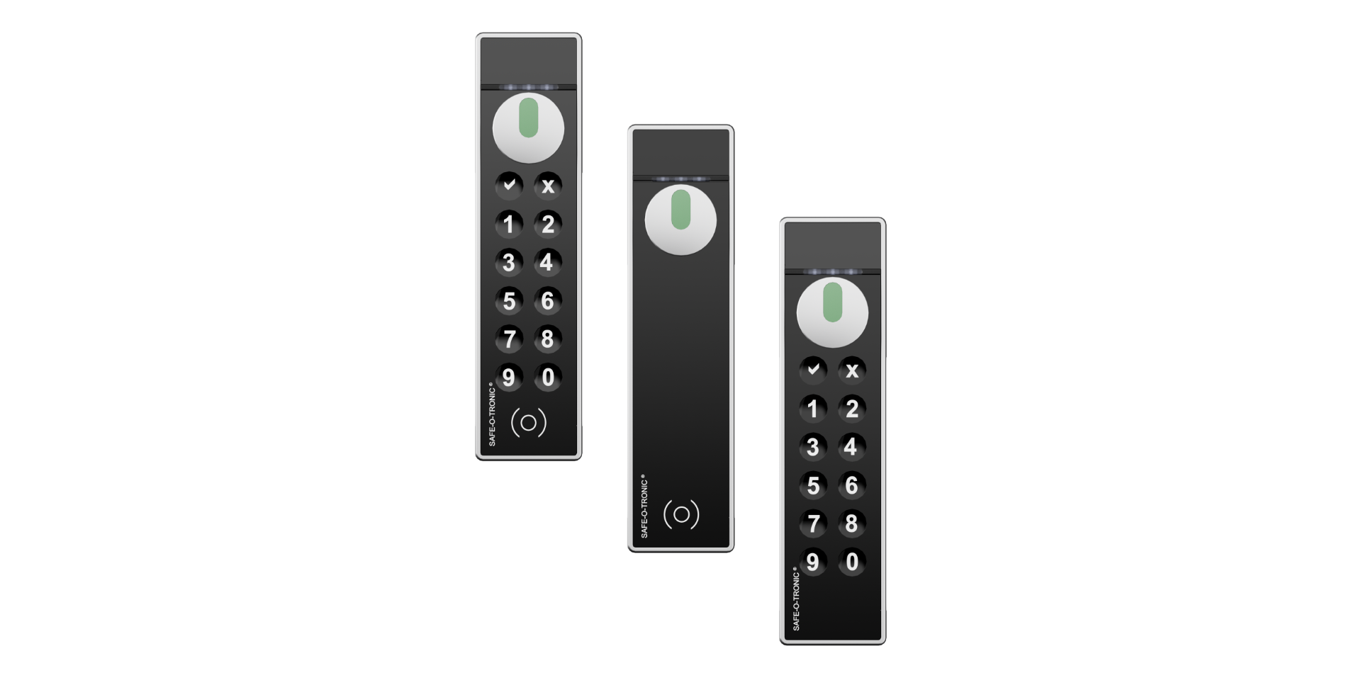 3 Produktbilder Safe-O-Tronic LS Schlösser, Frontalansicht, mit Drehknopf, mit und ohne PIN-Pad