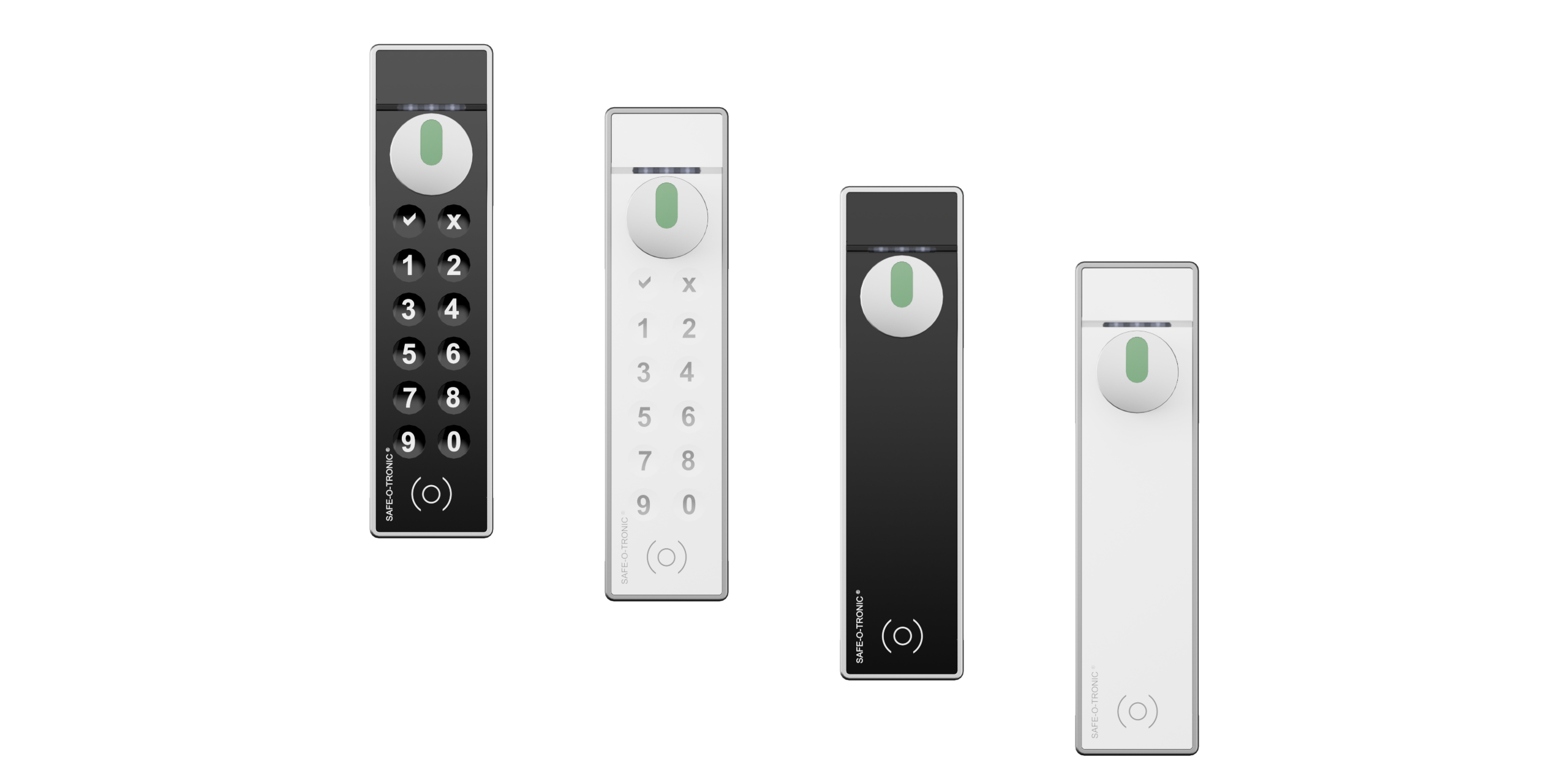 4 Produktbilder Safe-O-Tronic LS Schlösser, Frontalansicht, mit Drehknopf, mit und ohne PIN-Pad, schwarz und weiß
